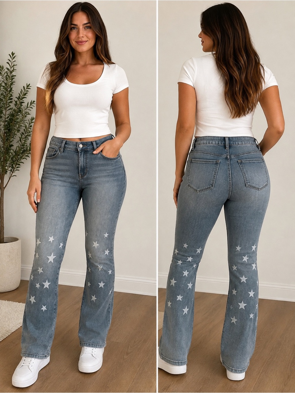 Y2K Star Print Flare Jeans Women’s L Stretch Faded Blue Denim - Picture 2 of 13